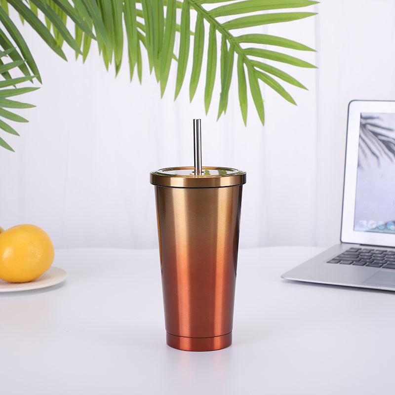 Stainless Steel Straw Cup with Lid Reusable Double-Layer Bottle Portable Thermo Juice Milk Coffee Mug Fashion Drinkware 500ml