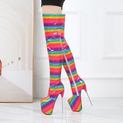 Сексуальные женские ботинки 20 см, сапоги на высоком каблуке, плиссированные туфли из лакированной кожи с круглым носком на молнии, длинные сапоги