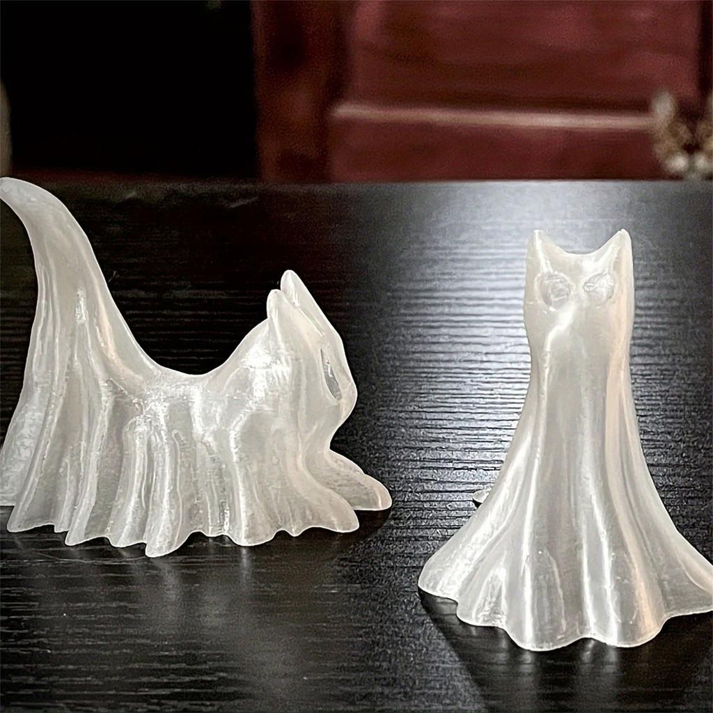 3 Piece Glowing In Dark Ghostly Cats Figurines Set For Halloween Home Party Tabletop Decors Car Dashboard Ornaments