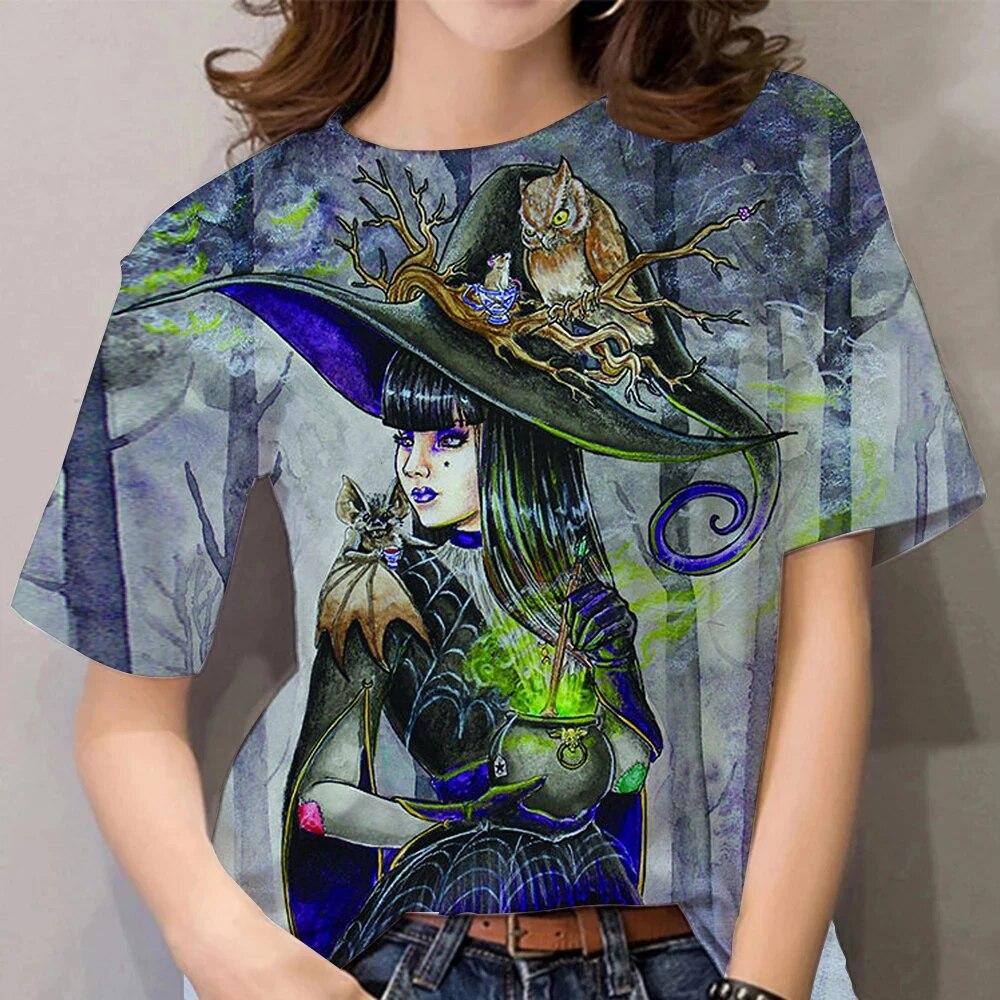 Women's T Shirt Witches 3D Print Halloween Funny Gift Tshirt Summer Women Fashion Casual Personality T Shirts Oversized O Neck Tops