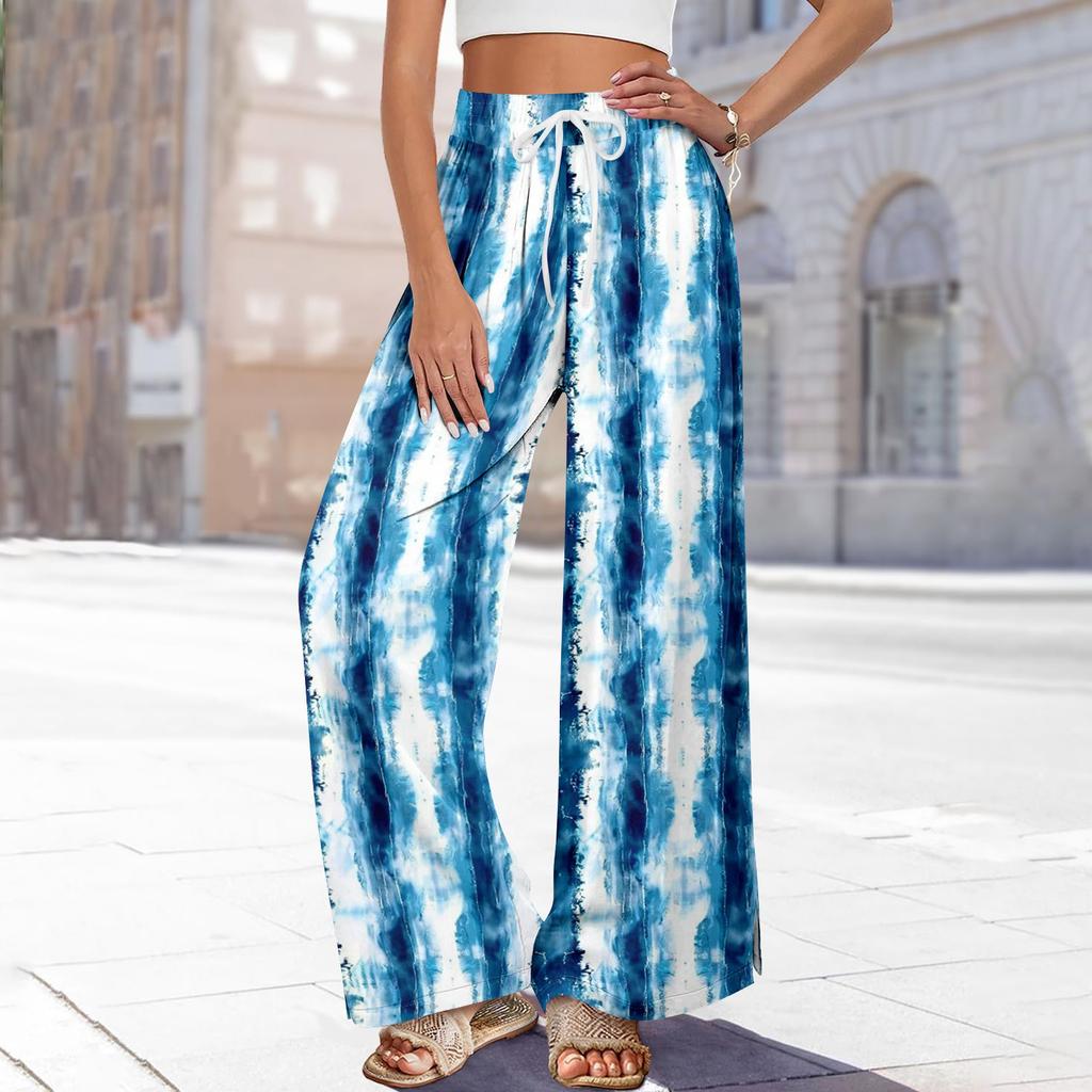Женские летние брюки-палаццо в стиле бохо с высокой талией, широкие повседневные брюки с принтом и карманами
