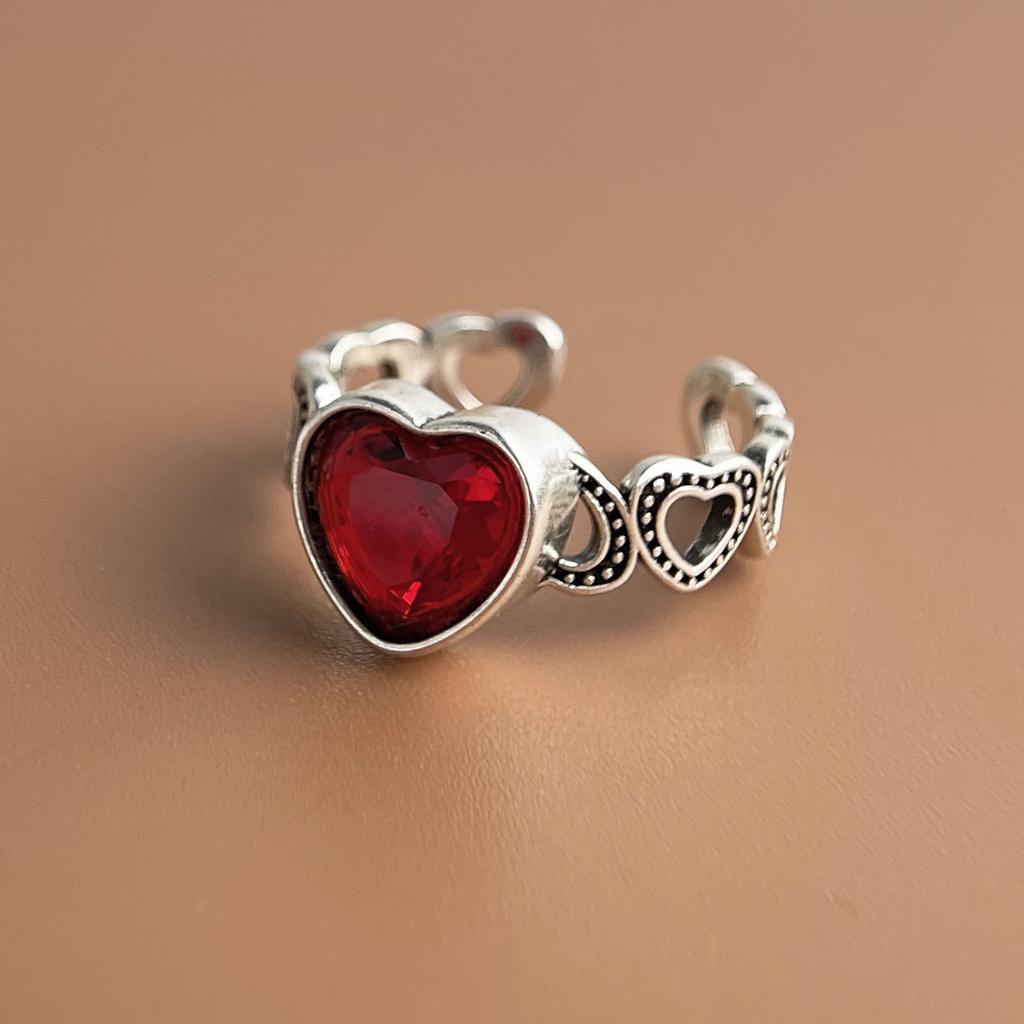 925 Sterling Silver Rings For Women Geometric Fine Jewelry Finger Adjustable Red Heart Stone Ring For Party Birthday Gift