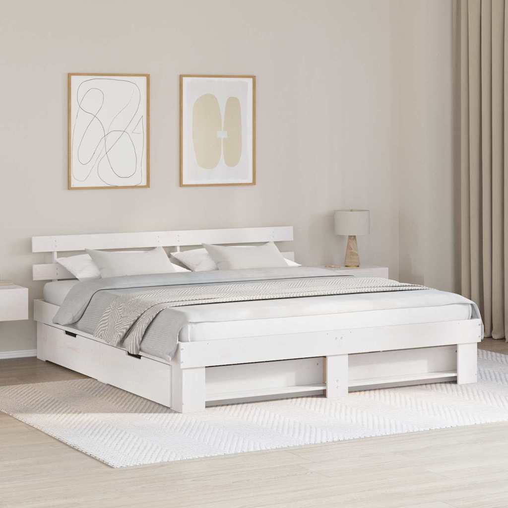 Bed Frame with Headboard White 200 x 200 cm Solid Pine Wood