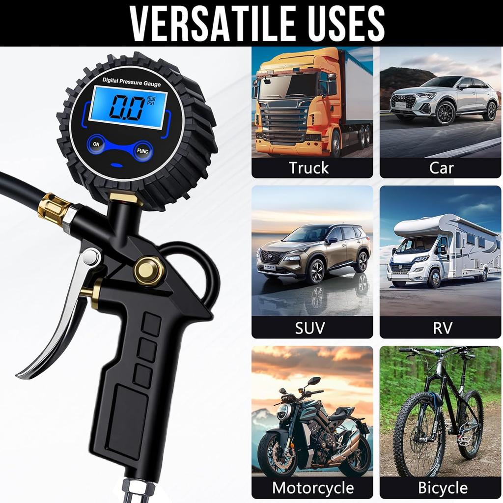 Digital Tire Pressure Gauge with Inflator, Air Compressor Accessories with Air Chuck Quick Connect Coupler, Car Attachments with Rubber Hose for Car,