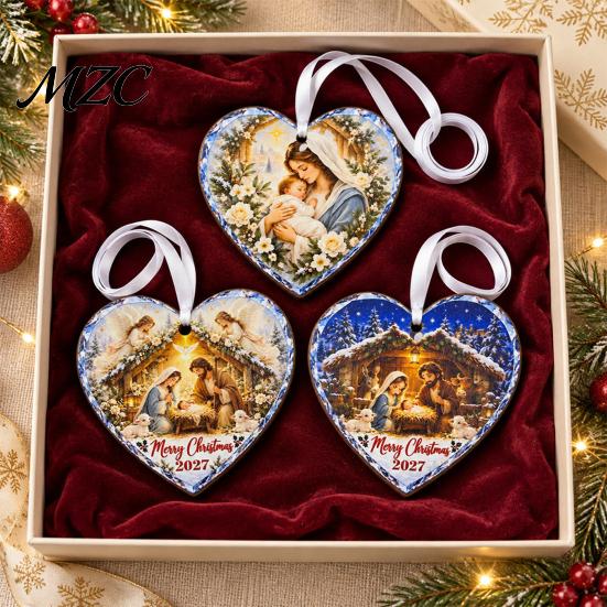 Vintage Style Holiday Hanging Tags Wooden Nativity Ornament for Christmas Tree Decorations, Retro Religious Heart Shape Gifts Scene Garland Decoration