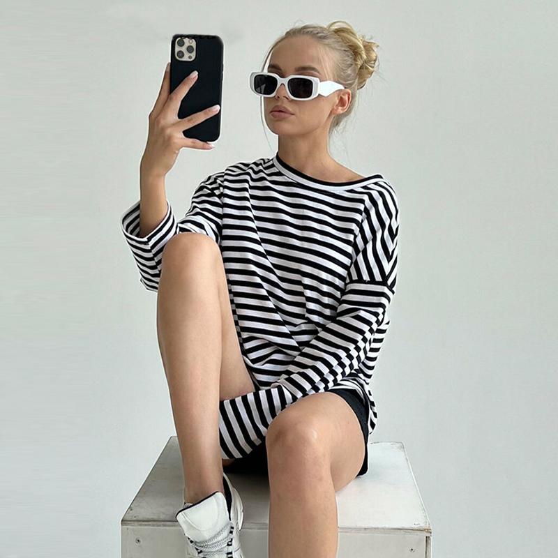 Женская полосатая футболка Hirsionsan с длинными рукавами, весна-лето 2023, большие футболки из 100% хлопка, женские повседневные шикарные футболки, топы для девочек