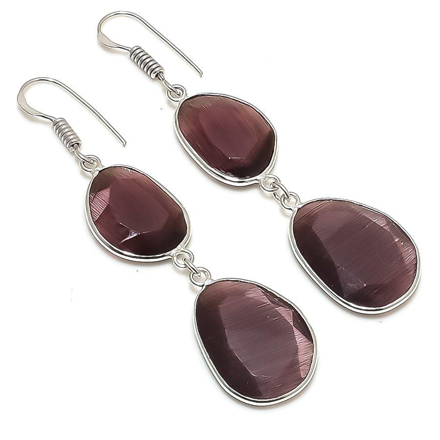 Purple Monalisa Gemstone Handmade 925 Sterling Silver Jewelry Earring 2.48" GK-6434