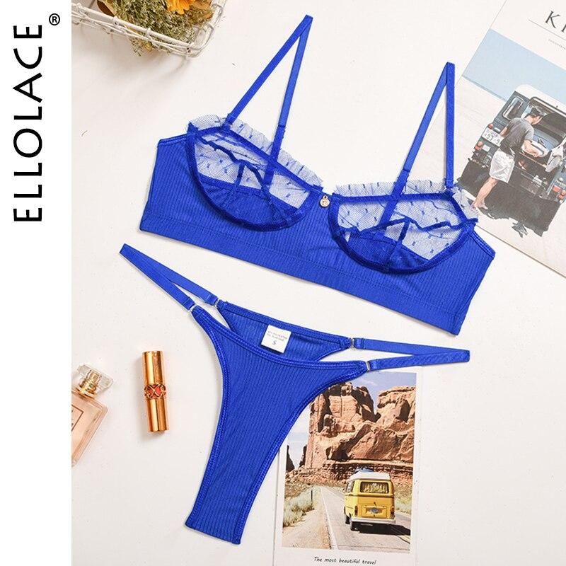 Сексуальный кружевной женский бюстгальтер Ellolace с рюшами, кружевное белье, женское нижнее белье, прозрачные короткие комплекты для ухода за кожей, короткие комплекты, эротические интимные комплекты