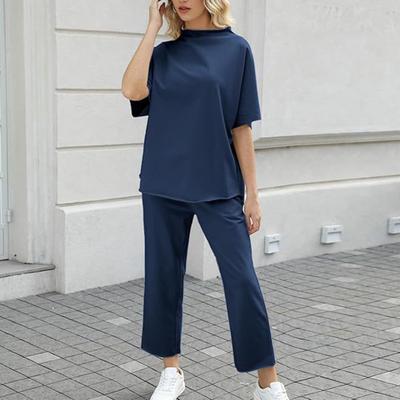 Комплект из 2 предметов: женский топ и брюки, полувысокий воротник, средние рукава, блузка, широкие брюки с эластичной резинкой на талии и карманами, повседневный свободный наряд для отдыха