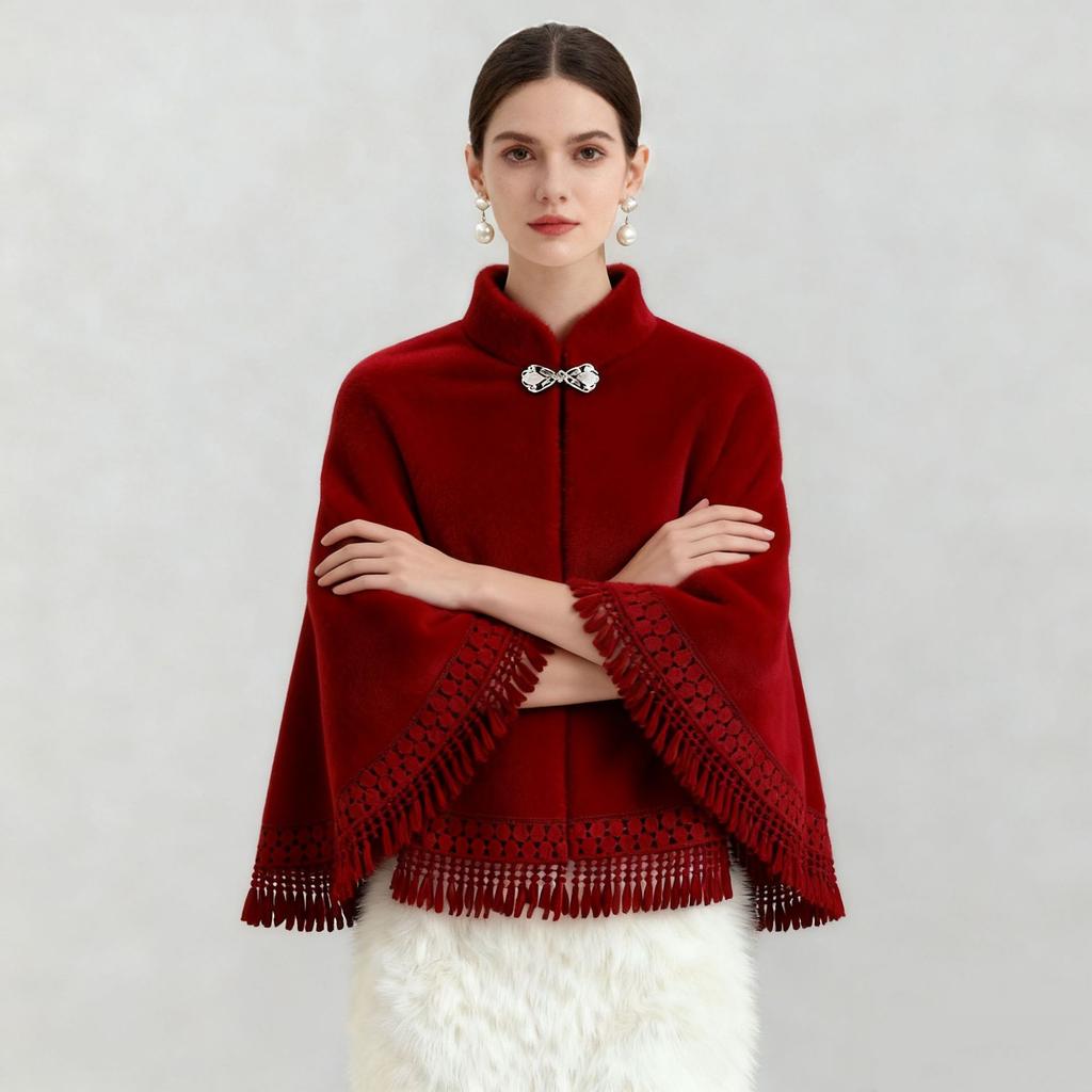 Ципао из искусственного меха норки с шалью и кисточками, короткий кардиган для тепла осенью и зимой