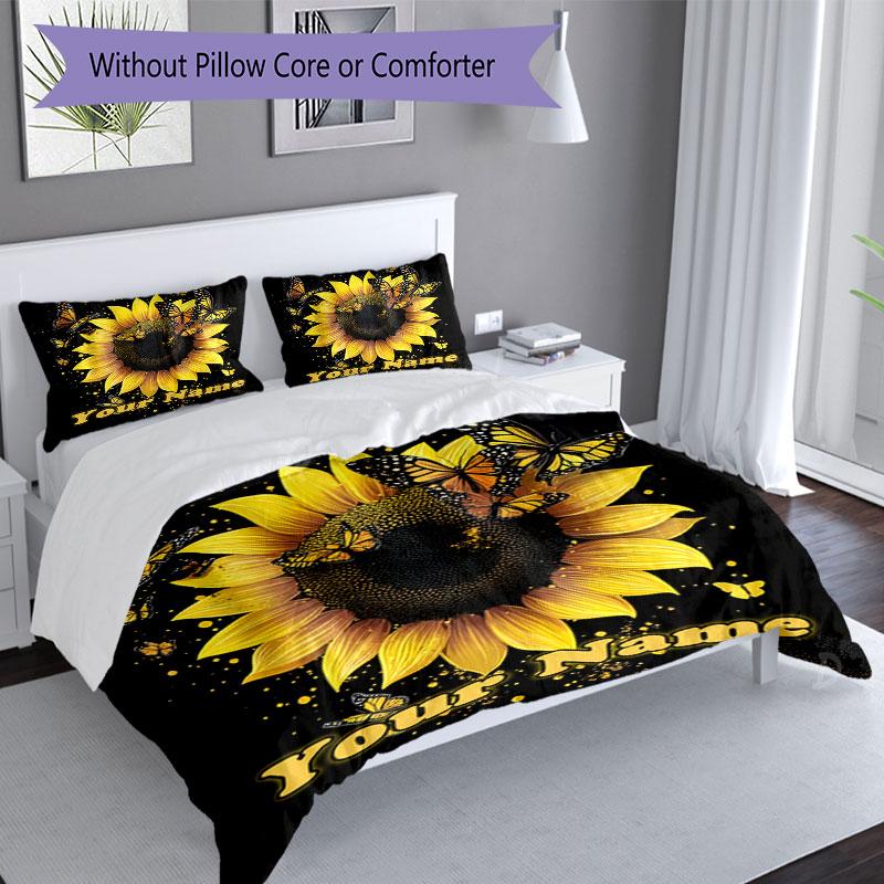 3pcs Custom Name Butterflies Sunflower Bedding Set Printed Bedding Set Duvet Cover Closure Includes 1 Duvet Cover & 2 Pillowcases Bedroom Decor