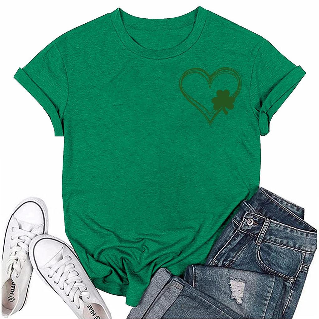 St. Patrick's Adult Green Crew-neck Short-sleeved Printed Green Three-leaf T-shirt