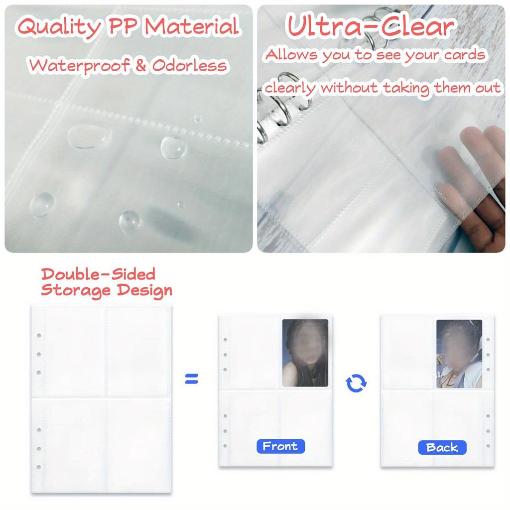 Кармашки для карт с верхней загрузкой, 4 кармана (200 карманов) – Двусторонний протектор страницы для 6-кольцевого скоросшивателя, вмещает карточки 2,7"x3,7": K-pop фотокарточка, Игра