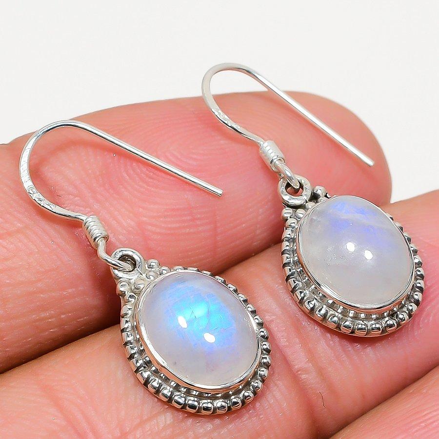 Natural Rainbow Moonstone Gemstone 925 Solid Sterling Silver Earring 1.25" e7S08