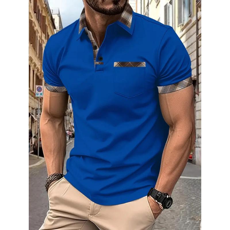 Мужская повседневная рубашка поло с нагрудным карманом, лацканами, пуговицами, деловая универсальная футболка с цветными блоками, рубашки поло с коротким рукавом для мужчин