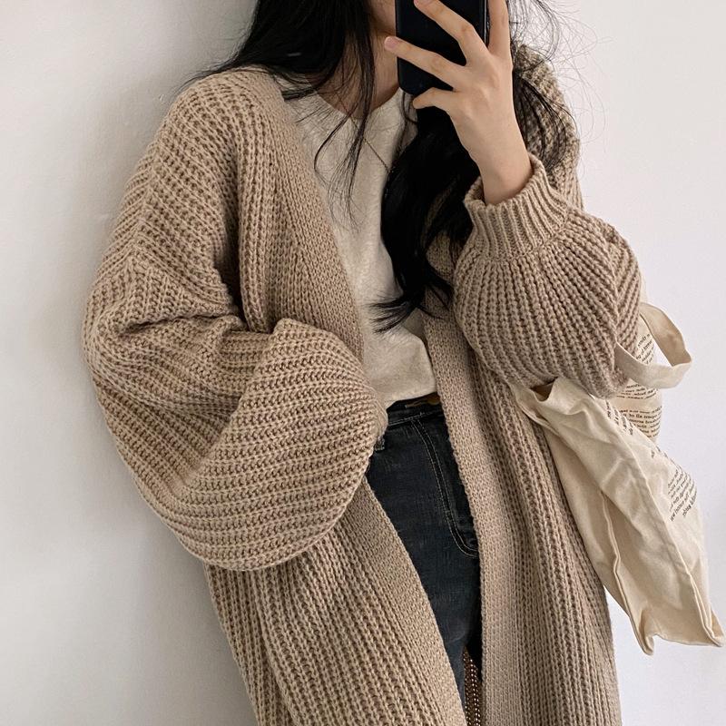 Women's Knitted Cardigan Korean Fashion Clothes Autumn Chic Argyle Vintage Sweater Lantern Sleeve Loose Jumper Coat