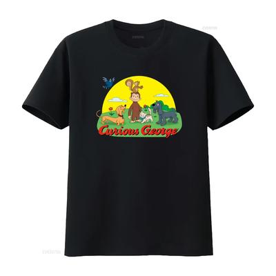 Cute Cartoon Curious George Animal Friends Print Casual T Shirt Vintage Washed Slightly Homme Top For Everyday Wear