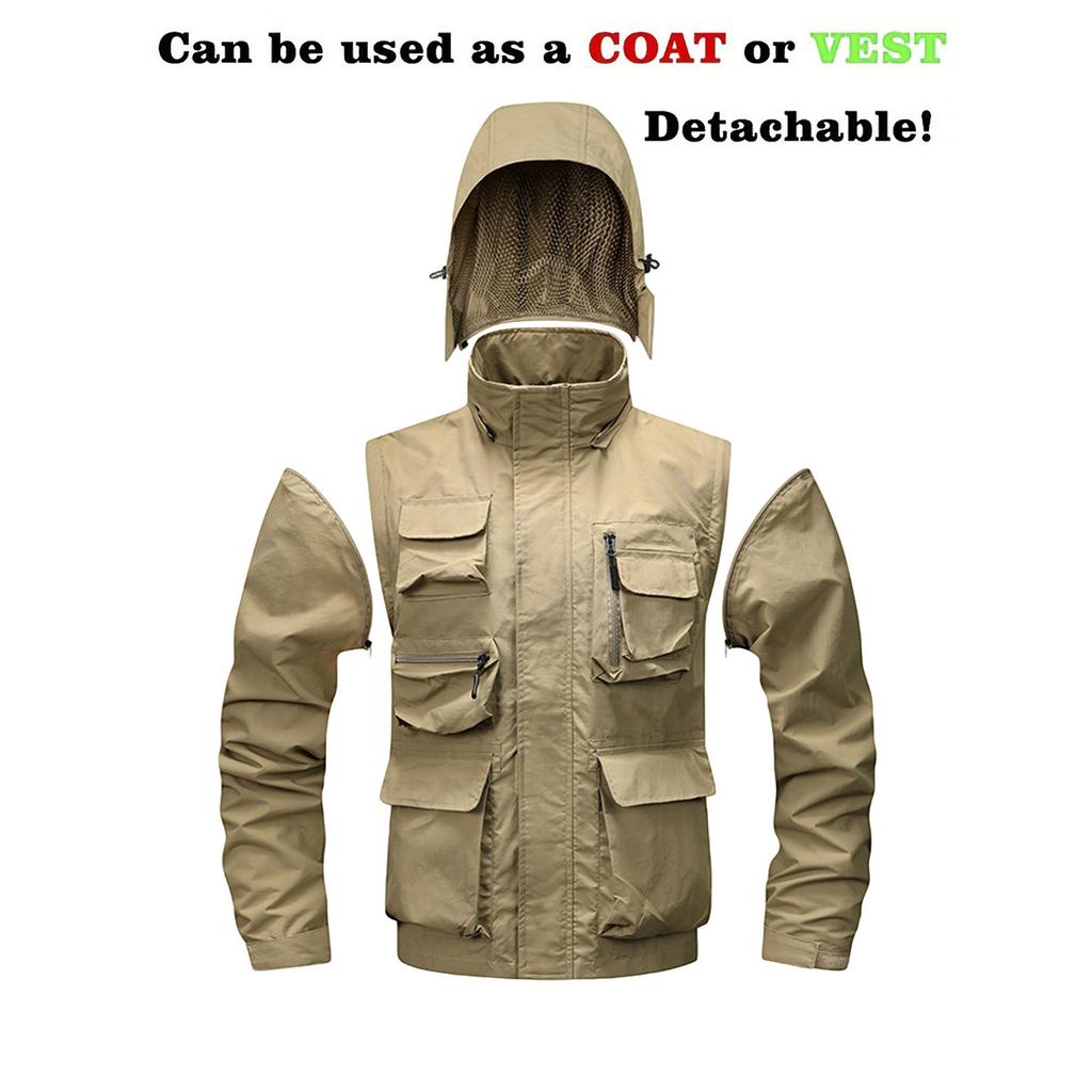 Men's Solid Color Detachable Outdoor Workwear Casual Loose Zipper Pocket Long Sleeve Jacket