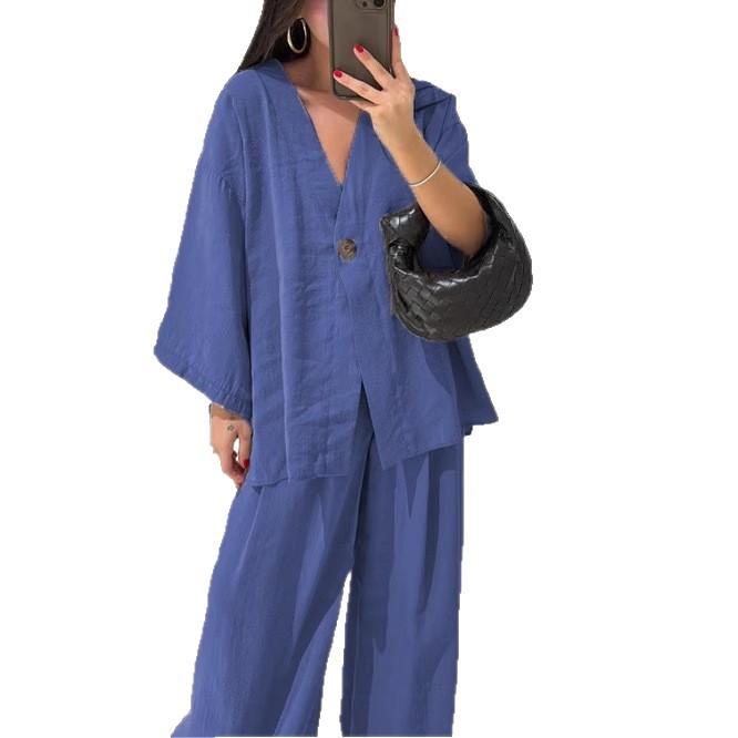 2026 Cross-border Women's Fashion Casual Suit V-Neck One Button Loose Long Sleeve Top High Waist Pants Two-piece Set