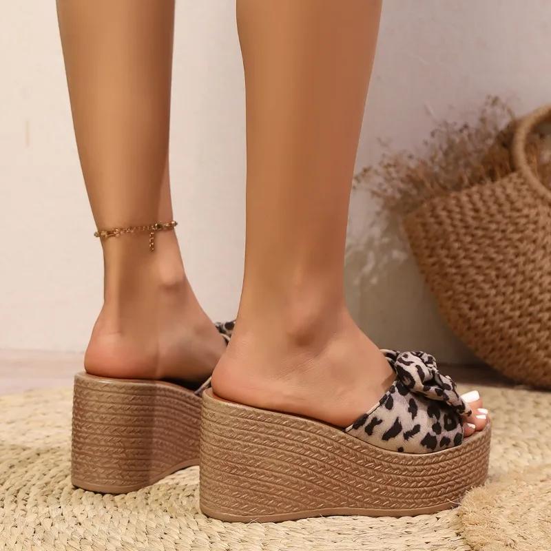 Women's Wedge Slippers Leopard Print Bow Tie Waterproof Platform Slippers Outdoor Leisure Large Size Summer Zapatillas De Mujer