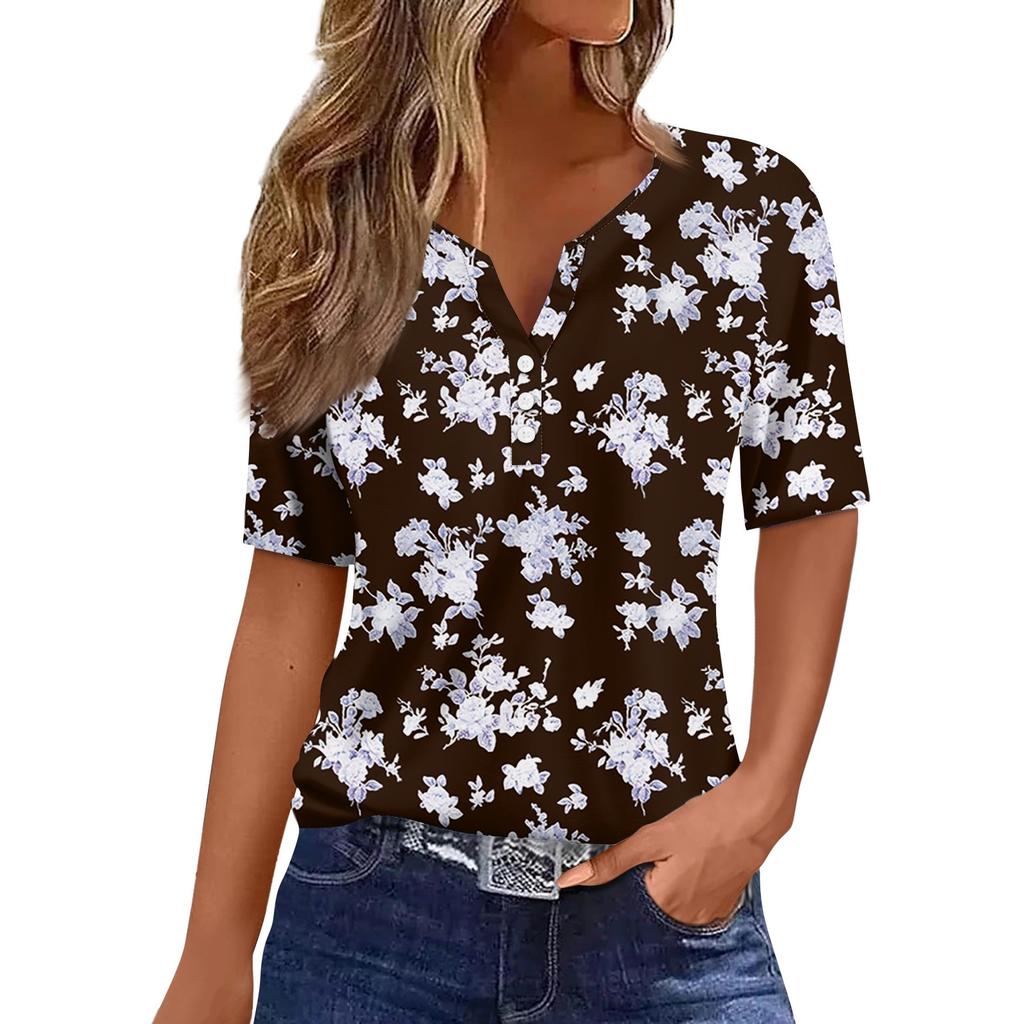 Women's T Shirt Tee Print Button Short Sleeve Daily Weekend Fashion Basic V- Neck Regular Top