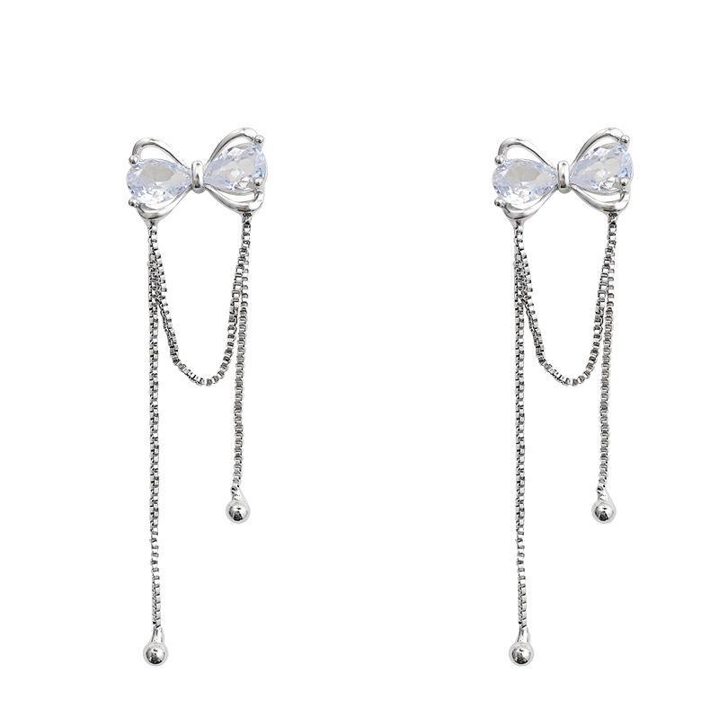 Элегантные длинные серьги-бантики с кисточками для женщин – серебро S925 с цирконом