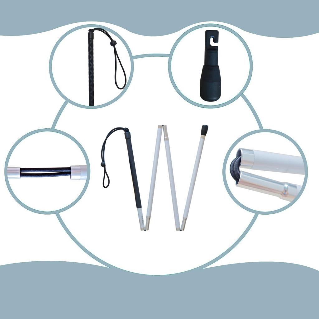 Алюминиевая складная белая трость с четырьмя секциями и двумя наконечниками для слабовидящих и слепых (Черная рукоятка, 130 см)