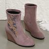 Fashion Fall New Slope Heel Single Boots Women's Round Head Suede Embroidery Sleeve Comfortable Mid-tube Slim Boots