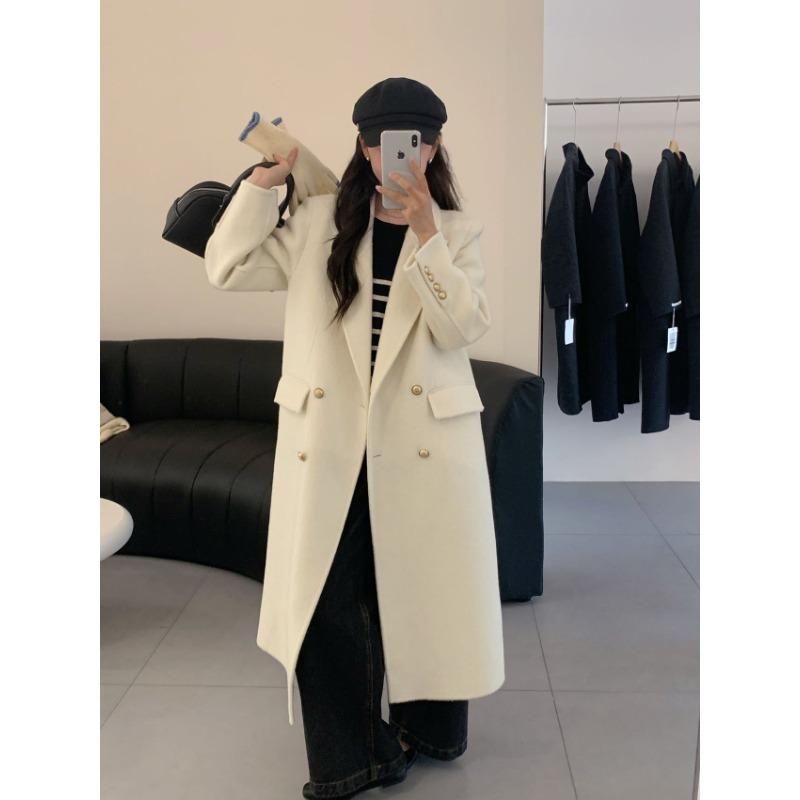 Retro Gold Buckle Brown Suit Double-sided Wool Coat for Women Autumn and Winter Double-breasted Mid-length Herringbone Wool Coat