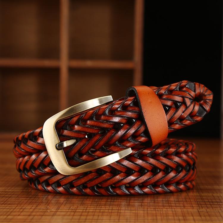 Handmade Woven Leather Belt with Alloy Buckle - Unisex Casual Fashion for Jeans