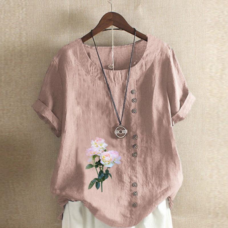 Женская модная футболка с коротким рукавом с цветочным принтом, свободная хлопковая рубашка, повседневная свободная летняя блузка, топы больших размеров