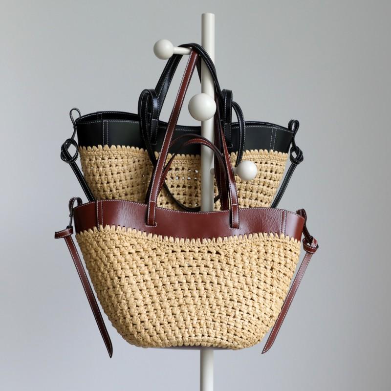 Large Woven Straw Crossbody Bag With Leather Trim Open Top Beach Tote Vacation Lightweight Casual Handbag