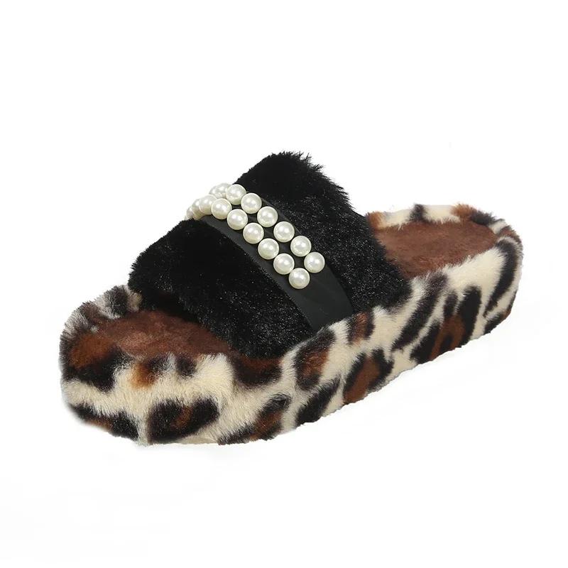 Мода 2024 Новая обувь для женщин Шлепанцы женские с открытым носком Осень Бусины Леопардовый принт Уличная платформа Повседневные удобные шлепанцы