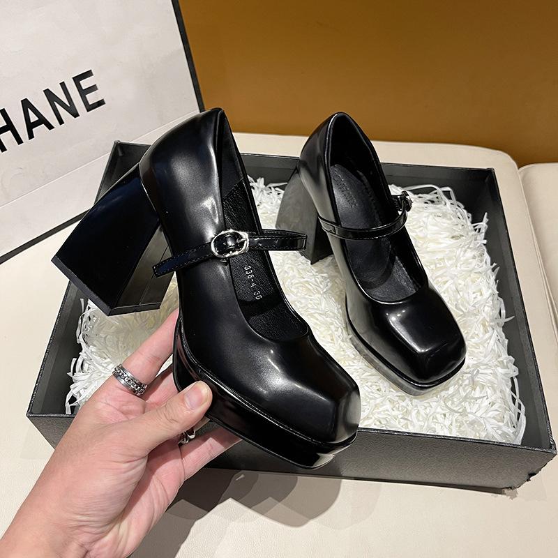 Туфли Мэри Джейн большого размера на высоком каблуке, женские французские туфли с одним словом и толстым каблуком, водонепроницаемые туфли из кожи с квадратной головкой