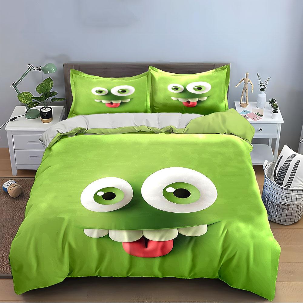 Green Cartoon Funny Face Bedding Duvet Cover Set Duvet Cover Pillowcases (1*Duvet Cover 2*Pillowcases, without duvet insert)