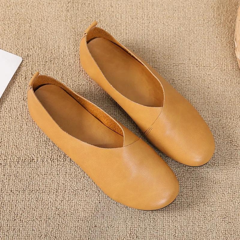 2024 г. Туфли на плоской подошве из натуральной кожи, женские мокасины из натуральной кожи, сшитые вручную, повседневная обувь из воловьей кожи, гибкая весенняя обувь, женские туфли на плоской подошве
