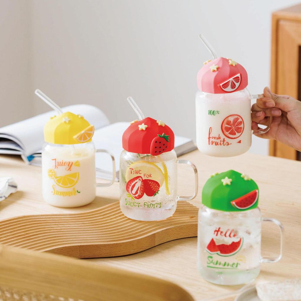Beautiful Summer Transparent Fruit High Temperature Glass Cup Cute Large Capacity Cover Straw Student Female Milk Breakfast Cup Office