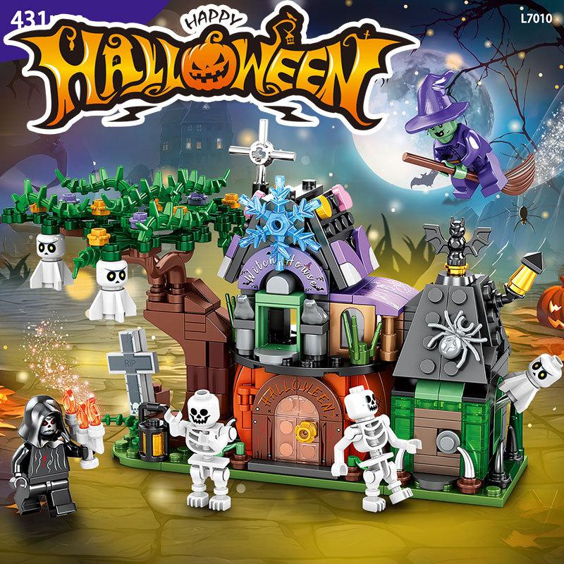 Kids Halloween MOC Building Blocks Set Pumpkin House Witch Ghost Tree Skull Minifigure Boy Educational Toy Model
