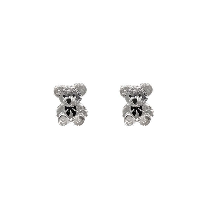 925 Silver Korean Dongdaemun Bear Earrings - Cute, Trendy Design with Transparent Bear Accents for Women
