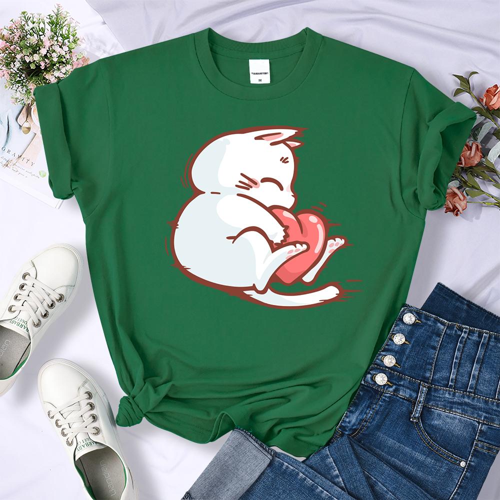 Embrace The Red Heart White Cat Летняя женская футболка с 3D-печатью в стиле хип-хоп Мягкие футболки Универсальная одежда Y2K Повседневная уличная одежда с круглым вырезом