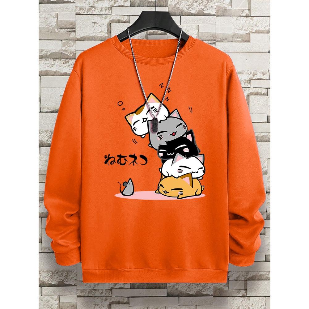 Милые кошки, одежда для сна, мужская толстовка с капюшоном и круглым вырезом, винтажные повседневные свободные толстовки с капюшоном, свободная одежда