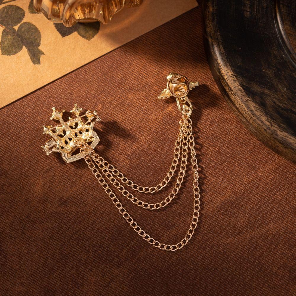 Rhinestone Crown Tassel Brooch Chain Suit Collar Pin Temperament Suit Lapel Pin Male Charm