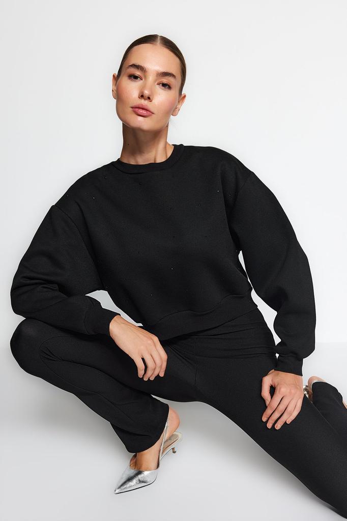 Женская модная стильная толстовка, черная, толстая внутри, из флиса, с камнями, обычная, нормального кроя, трикотажная толстовка