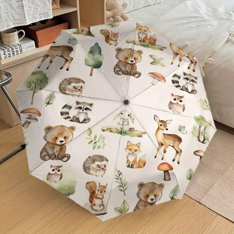 Woodland Animal Forest Friends - Automatic Opening Umbrella, Portable Tri-Fold Design, 8-Bone Iron Frame Outdoor Umbrella, Festival Gift for