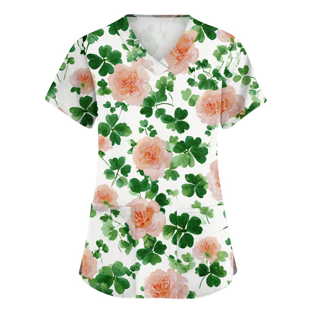 Ladies' St. Patrick Print Fashionable V-neck Pocket Short Sleeved Uniform And Caregiver Top
