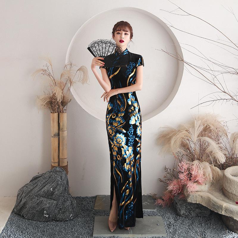 1011 New Women's Cheongsam Fashion Retro Republic of China Style Dress Stand Neck Short Sleeve Casual Cheongsam Dress Women's Sequins