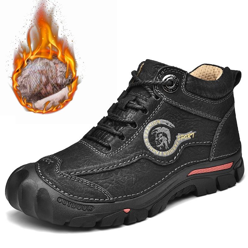 Men's Hiking Boots High Top Leather Plush Outdoor Cotton Shoes Large Size 39-46