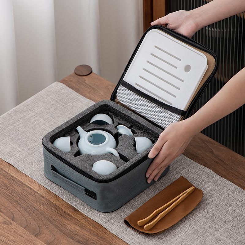 Celadon Tea Set Portable Ceramic Travel Small Set One Pot Four Cups with Tea Tray Simple Mid-Autumn Festival Business Gifts
