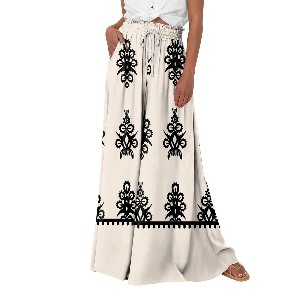 Женские брюки-палаццо с цветочным принтом в стиле бохо, широкие брюки, летние пляжные струящиеся брюки с высокой талией и карманами