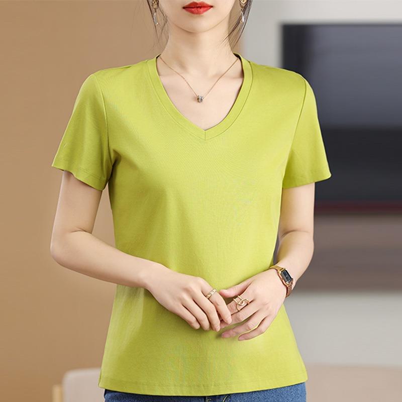 Summer New Mercerized Cotton Short-sleeved T-shirt V-neck Women's Heart-neck Top